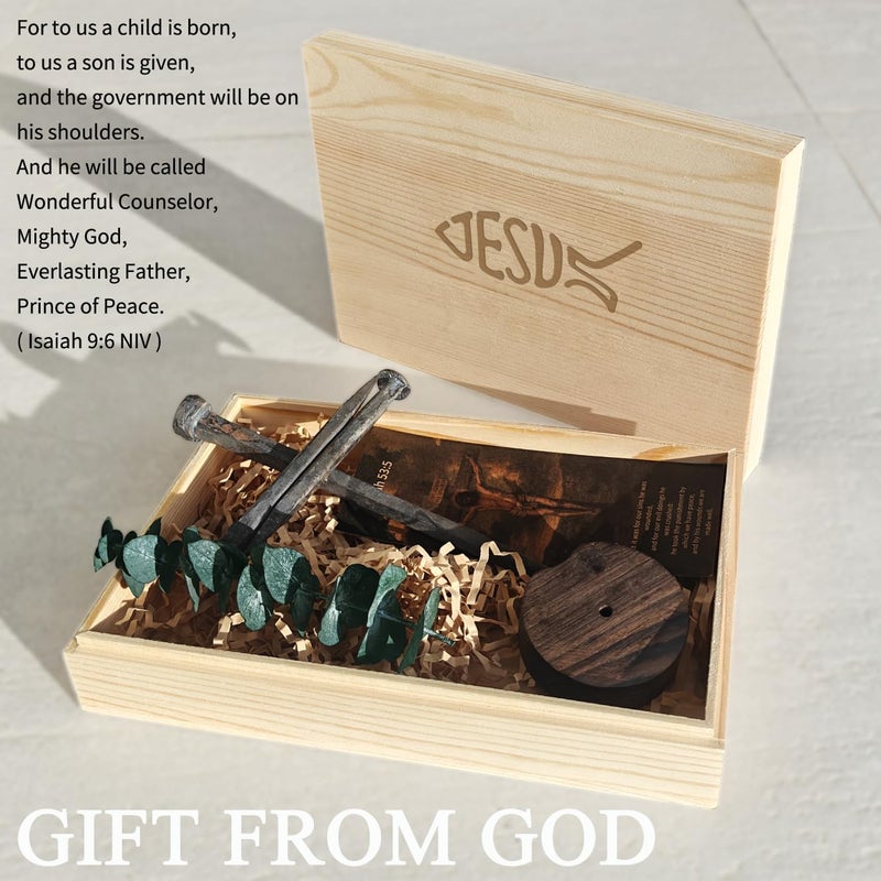 LeMeeOly Jesus Christ Crucifixion Nail Metal Cross Wooden Base, Baptism & Religious Gifts for Men Women,Christian Home Decor (Solid Wood Base) - Image 5